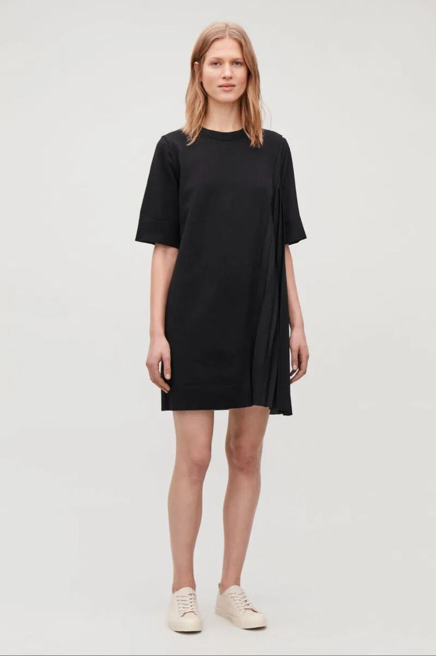 Cos Pleated Paneled Knit Mini Dress Small Black Mixed Media Minimalist Lagenlook